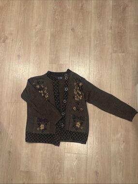 Cottage Core Embroidered Brown Knit Cardigan with Gold Floral Accents